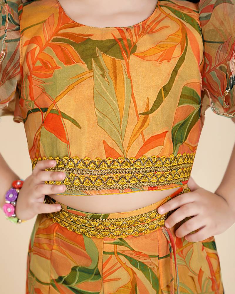 Kids farm girls  silk printed &  embellished crop top & palazzo set