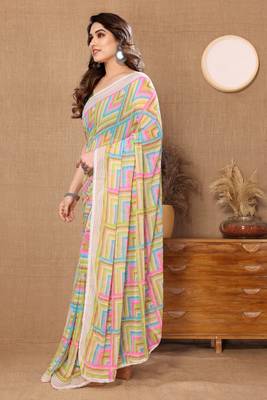 Parrot green geometric printed georgette saree with fancy lace 2