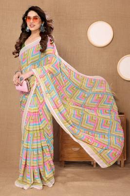 Parrot green geometric printed georgette saree with fancy lace 3