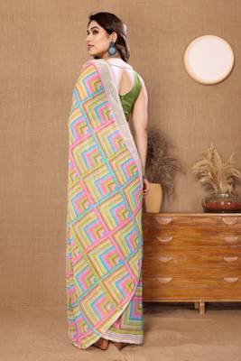 Parrot green geometric printed georgette saree with fancy lace 4