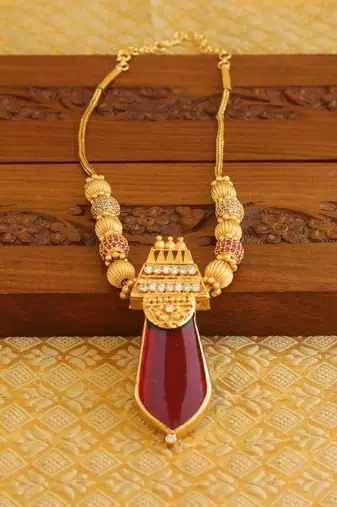 Kerala style gold platted 2 in 1 red and green palakka necklace