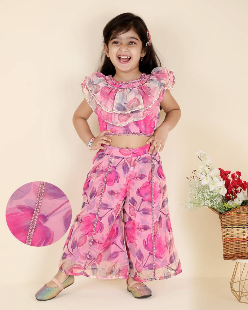 Kids farm girls silk printed &  embellished crop top & palazzo set