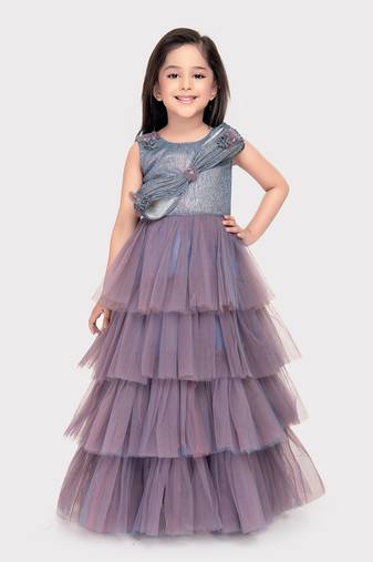 Betty sky colored solid jacquard and net gown for girls