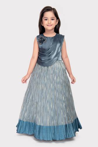 Betty grey colored patch worked satin and polyester gown for girls