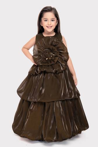 Betty mehendi colored layered satin gown for girls