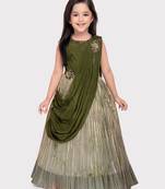 Betty green colored patch worked polyester gown for girls