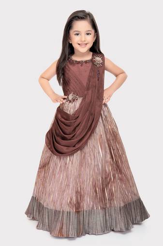 Betty brown colored patch worked polyester gown for girls