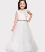 Betty white colored white stone worked net gown for girls