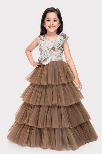 Betty biscuit colored printed jacquard and net gown for girls