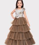 Betty biscuit colored printed jacquard and net gown for girls