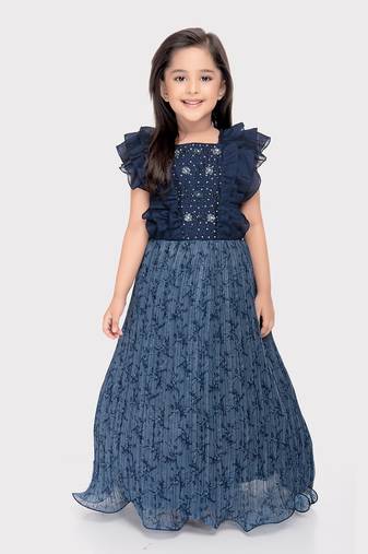 Betty blue colored stone worked polyester gown for girls