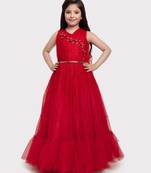 Betty red colored stone worked net gown for girls