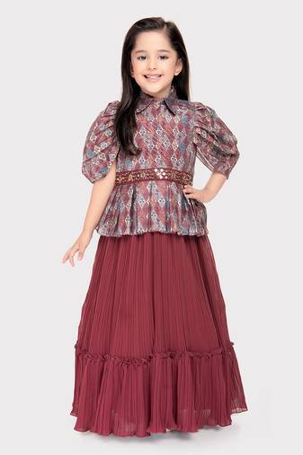 Betty rosewood colored printed georgette gown for girls