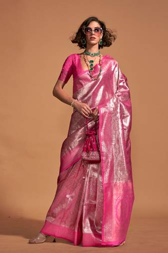 Rani Pink Silk Woven Work Saree With Blouse