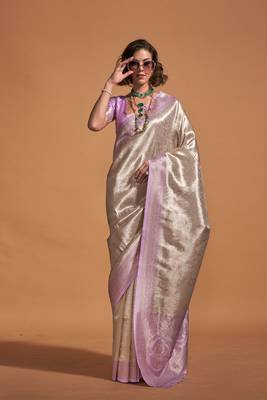 Off White & Lavender Silk Woven Work Saree With Blouse 1