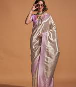 Off White & Lavender Silk Woven Work Saree With Blouse