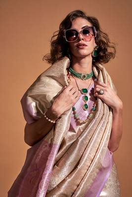 Off White & Lavender Silk Woven Work Saree With Blouse 2