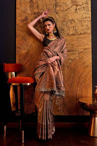 Chocolate Handloom Weaving Silk Woven Work Saree With Blouse