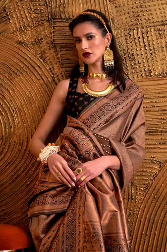 chocolate handloom weaving silk blend woven work saree with blouse