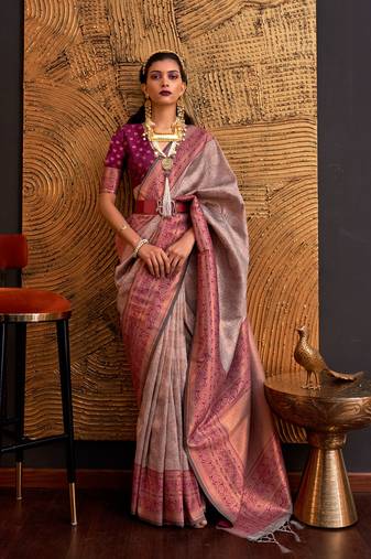 Mauve Handloom Weaving Silk Woven Work Saree With Blouse