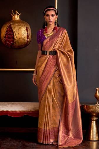 Mustard Handloom Weaving Silk Woven Work Saree With Blouse
