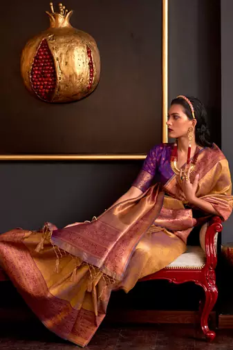 mustard handloom weaving silk blend woven work saree with blouse