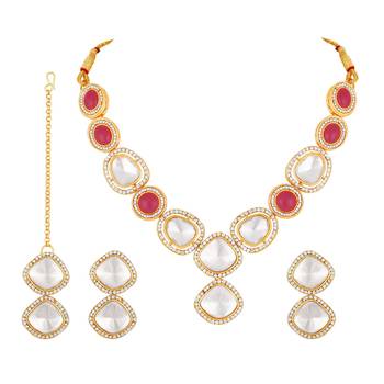 Stefan gold plated red and white kundan chokar necklace set for women (cajns1025) 1