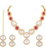 Stefan gold plated red and white kundan chokar necklace set for women (cajns1025)