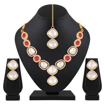 Stefan gold plated red and white kundan chokar necklace set for women (cajns1025) 2