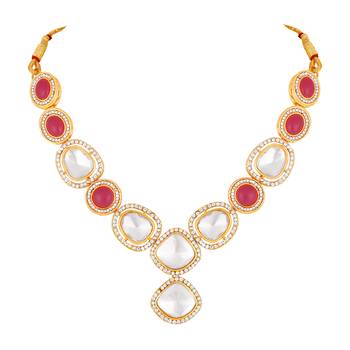 Stefan gold plated red and white kundan chokar necklace set for women (cajns1025) 3