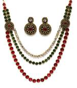 Stefan traditional ethnic lekar gold plated tripple layer multicolor kundan necklace set for women (cj100384)