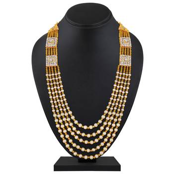 5 layers golden and white glass beads base dulha moti mala haar necklace for men's (ml1108098ggol) 2