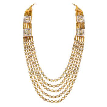 5 layers golden and white glass beads base dulha moti mala haar necklace for men's (ml1108098ggol) 3