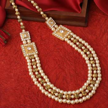 3 layers white and golden glass beads base dulha moti mala haar necklace for men's (ml1108099gwhi) 1