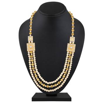 3 layers white and golden glass beads base dulha moti mala haar necklace for men's (ml1108099gwhi) 2