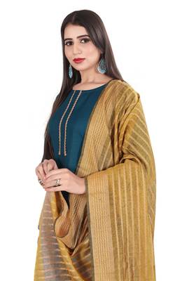 Cayorii Women's Teal Blue Cotton Kurta with Pant and Dupatta 1