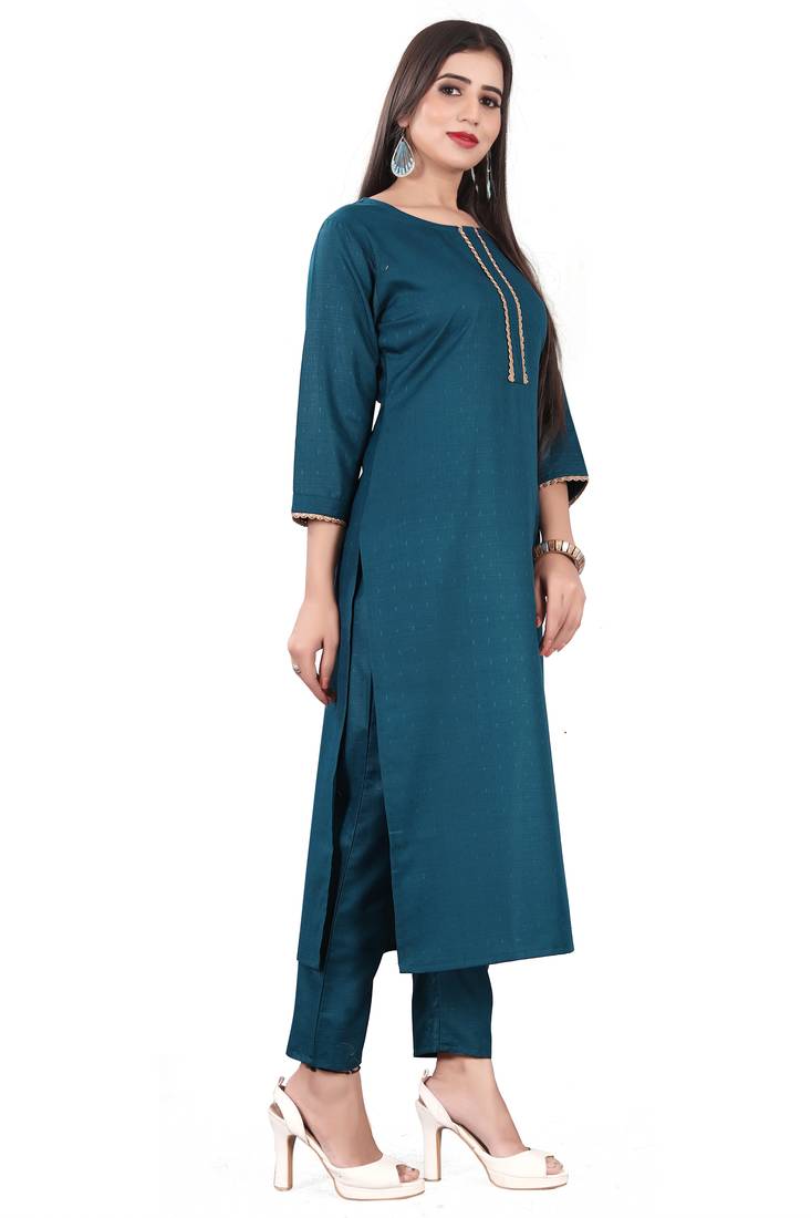Cayorii Women's Teal Blue Cotton Kurta with Pant and Dupatta
