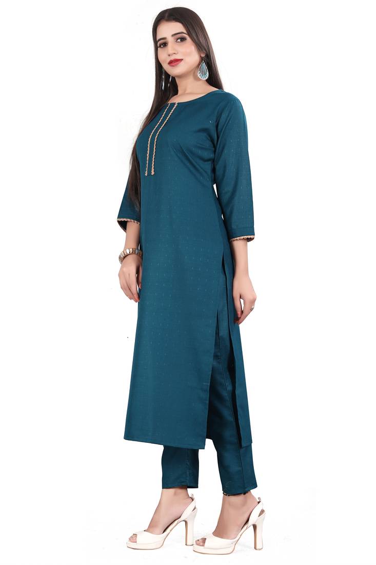 Cayorii Women's Teal Blue Cotton Kurta with Pant and Dupatta