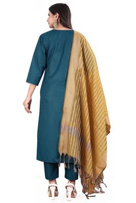 Cayorii Women's Teal Blue Cotton Kurta with Pant and Dupatta 4
