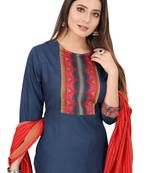 Cayorii Women's Blue Cotton Kurta with Pant and Dupatta