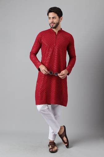 Maroon embroidery sequence work rayon kurtas