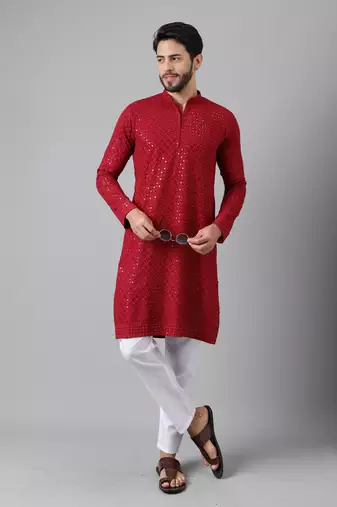 Maroon embroidery sequence work rayon kurtas