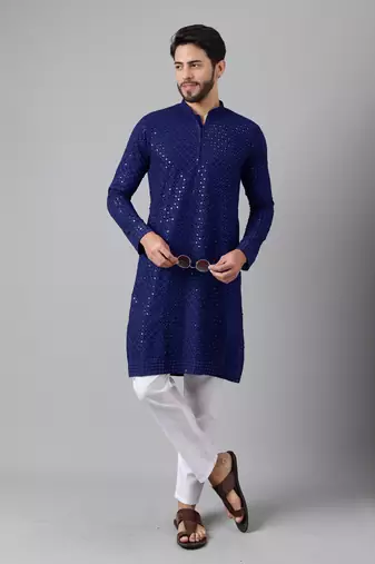 Navy blue embroidery sequence work rayon kurtas