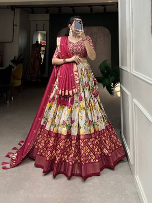 Women's Tussar Silk With Floral And Patola Print And Foil Work Lehenga Choli Set 1