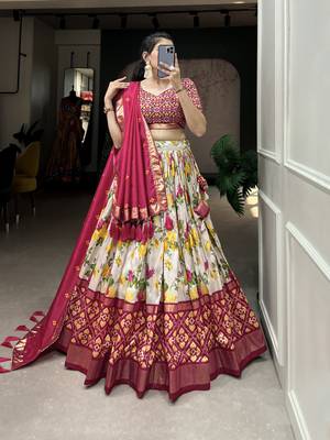 Women's Tussar Silk With Floral And Patola Print And Foil Work Lehenga Choli Set 3