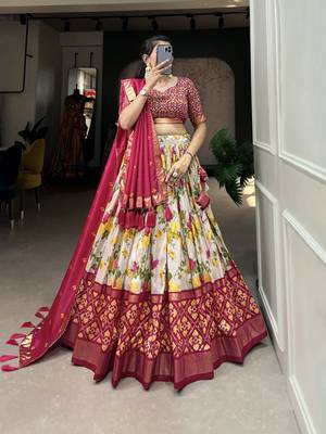 Women's Tussar Silk With Floral And Patola Print And Foil Work Lehenga Choli Set 4