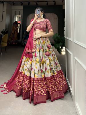 Women's Tussar Silk With Floral And Patola Print And Foil Work Lehenga Choli Set 5
