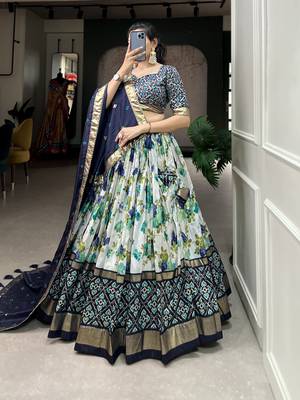 Women's Tussar Silk With Floral And Patola Print And Foil Work Lehenga Choli Set 3