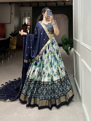 Women's Tussar Silk With Floral And Patola Print And Foil Work Lehenga Choli Set 4