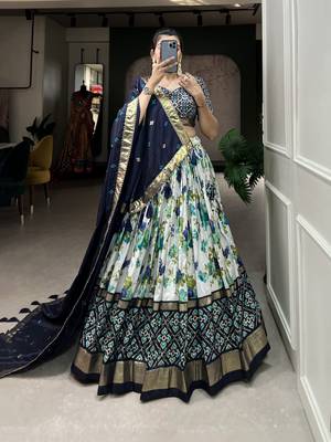Women's Tussar Silk With Floral And Patola Print And Foil Work Lehenga Choli Set 5